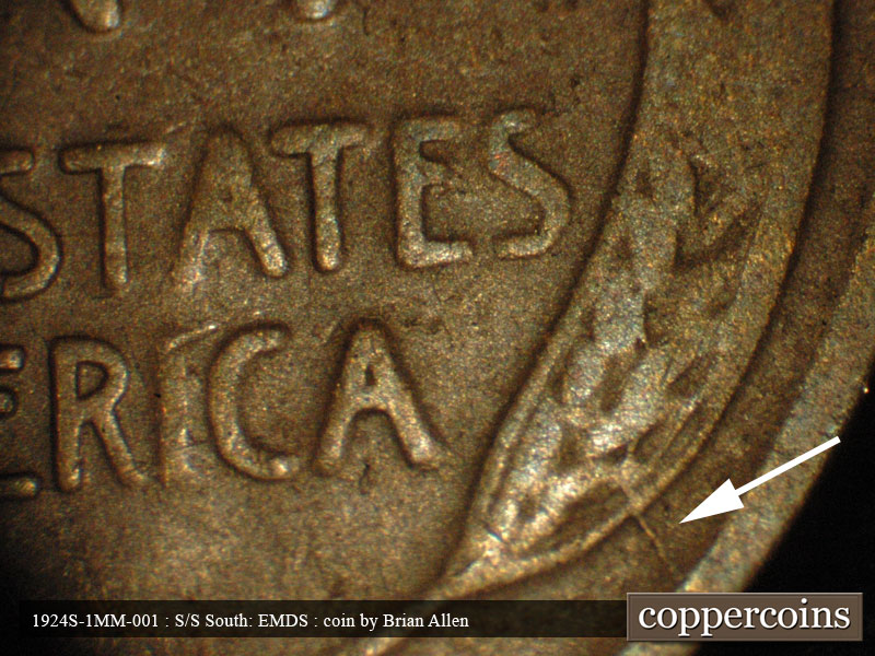 Die-stage A marker on 1924S•1MM•001 showing A die crack runs from the rim to the bottom of the right wheat stalk.