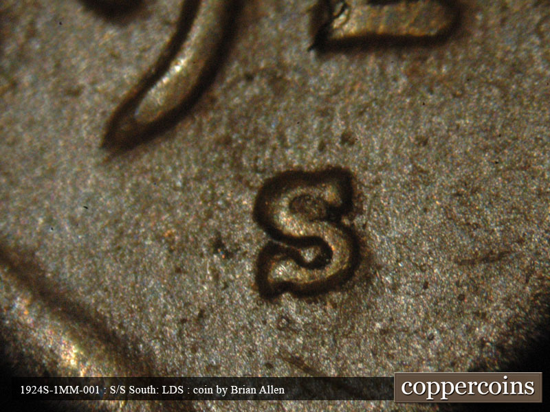 Die-stage C marker on 1924S•1MM•001 showing A very strong and wide south spread shows on this repunched mintmark even in a later stage.