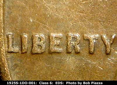 Die-stage A marker on 1925S•1DO•001 showing Strong extra thickness shows on LIBERTY.