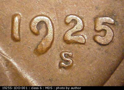 1925 Lincoln cent obverse, CopperCoins die 1925S•1DO•001 — Nice, strong extra thickness shows on the date. Notice the very thick tail of the 9.