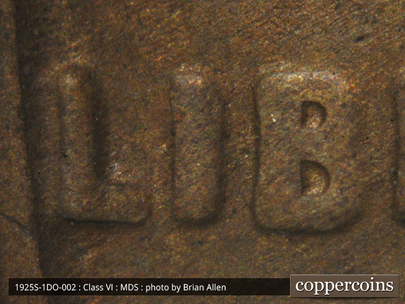 Die-stage B marker on 1925S•1DO•002 (1925 Doubled Die Obverse).