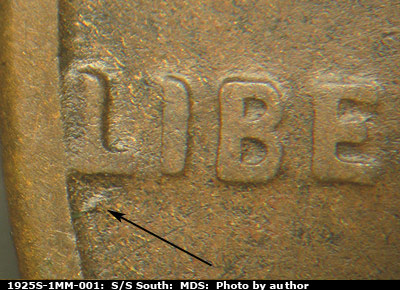 Die-stage B marker on 1925S•1MM•001 (1925 Repunched Mint Mark).