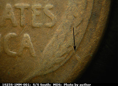 Die-stage B marker on 1925S•1MM•001 (1925 Repunched Mint Mark).