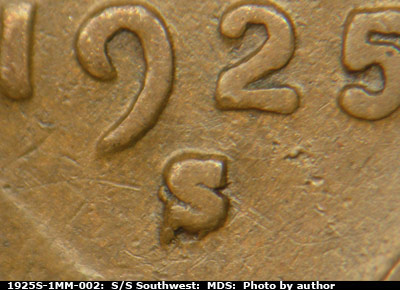 1925 Lincoln cent obverse, CopperCoins die 1925S•1MM•002.