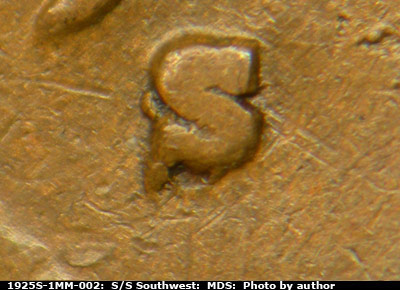 Die-stage B marker on 1925S•1MM•002 (1925 Repunched Mint Mark).