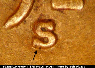 Die-stage B marker on 1925S•1MM•004 (1925 Repunched Mint Mark).