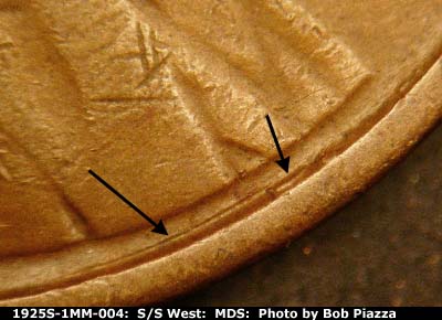 Die-stage B marker on 1925S•1MM•004 (1925 Repunched Mint Mark).