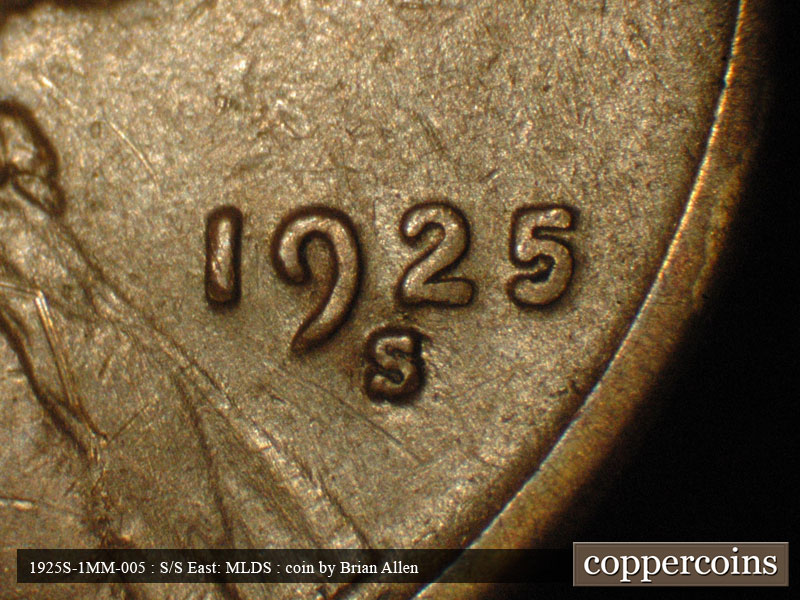 Die-stage B marker on 1925S•1MM•005 (1925 Repunched Mint Mark).