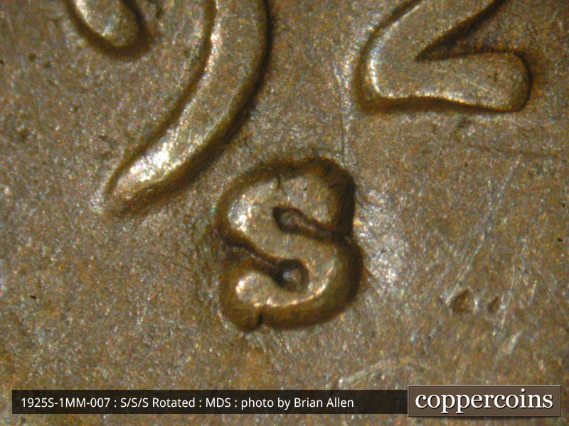1925 Lincoln cent obverse, CopperCoins die 1925S•1MM•007.