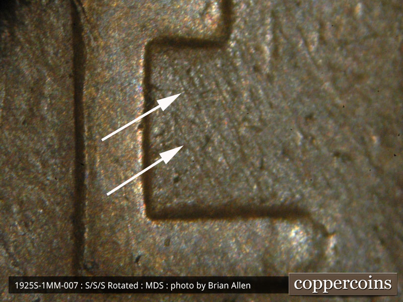 Die-stage B marker on 1925S•1MM•007 (1925 Repunched Mint Mark).