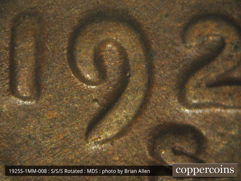 Die-stage B marker on 1925S•1MM•008 (1925 Repunched Mint Mark).