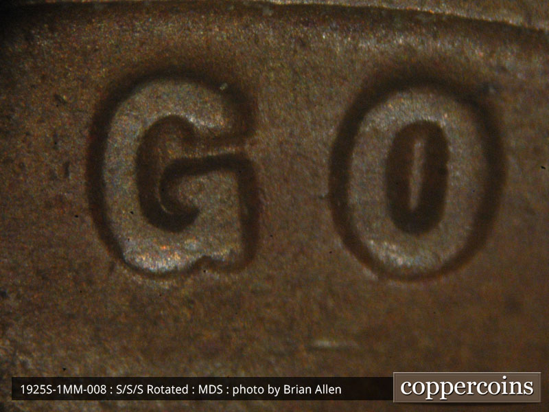 Die-stage B marker on 1925S•1MM•008 (1925 Repunched Mint Mark).