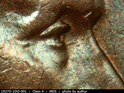 1927 Lincoln cent obverse, CopperCoins die 1927D•1DO•001.
