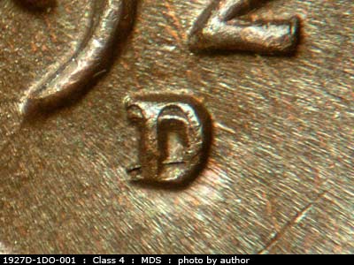 Die-stage B marker on 1927D•1DO•001 (1927 Doubled Die Obverse).