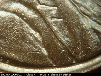 Die-stage B marker on 1927D•1DO•001 (1927 Doubled Die Obverse).