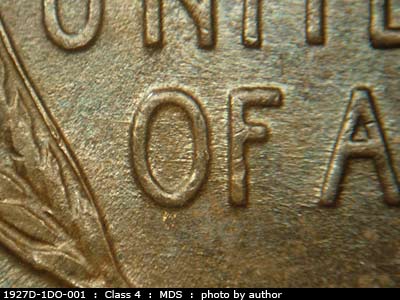Die-stage B marker on 1927D•1DO•001 (1927 Doubled Die Obverse).
