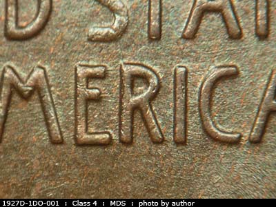 Die-stage B marker on 1927D•1DO•001 (1927 Doubled Die Obverse).