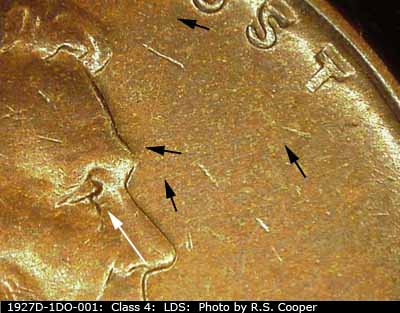Die-stage C marker on 1927D•1DO•001 (1927 Doubled Die Obverse).
