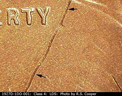 Die-stage C marker on 1927D•1DO•001 (1927 Doubled Die Obverse).