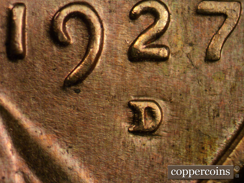 Die-stage B marker on 1927D•1DO•002 (1927 Doubled Die Obverse).