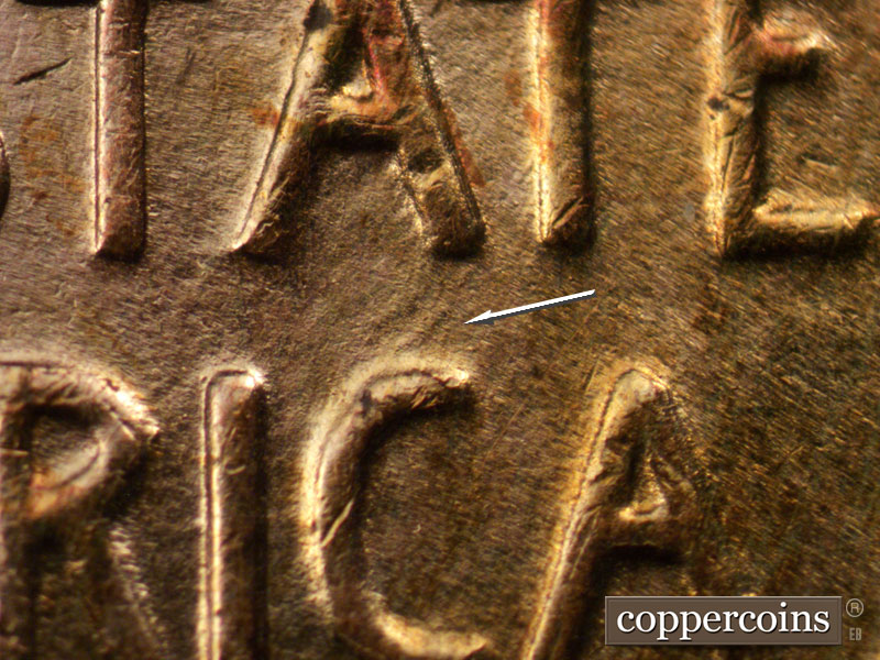 Die-stage B marker on 1927D•1DO•002 (1927 Doubled Die Obverse).
