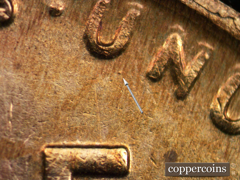 Die-stage B marker on 1927D•1DO•002 (1927 Doubled Die Obverse).