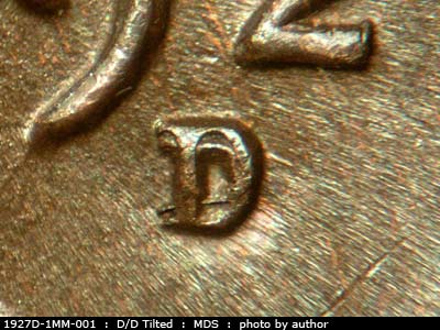 1927 Lincoln cent obverse, CopperCoins die 1927D•1MM•001.