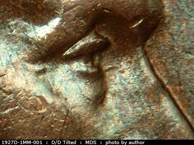 Die-stage B marker on 1927D•1MM•001 (1927 Repunched Mint Mark).