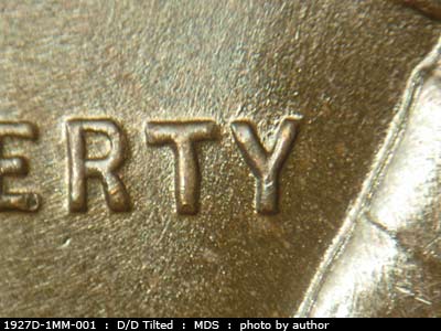 Die-stage B marker on 1927D•1MM•001 (1927 Repunched Mint Mark).