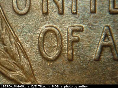 Die-stage B marker on 1927D•1MM•001 (1927 Repunched Mint Mark).
