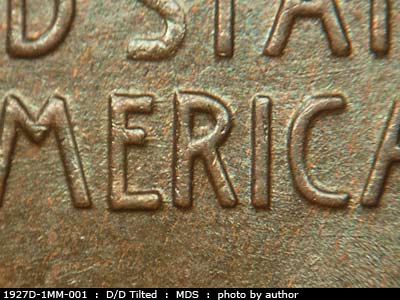 Die-stage B marker on 1927D•1MM•001 (1927 Repunched Mint Mark).