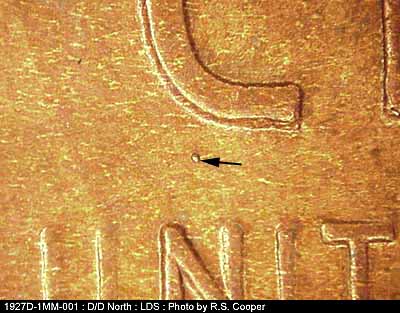 Die-stage C marker on 1927D•1MM•001 (1927 Repunched Mint Mark).