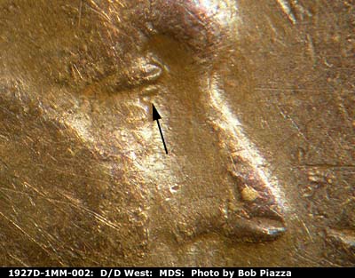 Die-stage B marker on 1927D•1MM•002 (1927 Repunched Mint Mark).