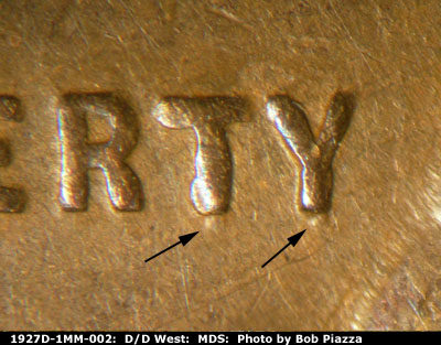 Die-stage B marker on 1927D•1MM•002 (1927 Repunched Mint Mark).