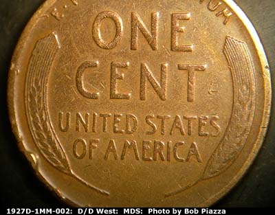 Die-stage B marker on 1927D•1MM•002 (1927 Repunched Mint Mark).