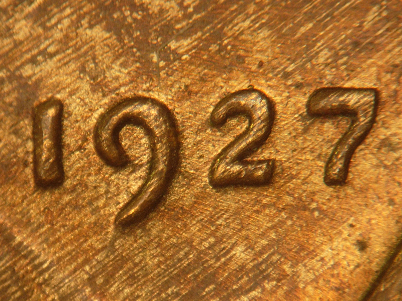 1927 Lincoln cent obverse, CopperCoins die 1927P•1DO•001 — A very nice spread in the date.