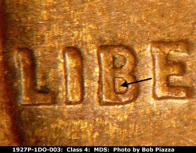 Die-stage B marker on 1927P•1DO•003 (1927 Doubled Die Obverse).