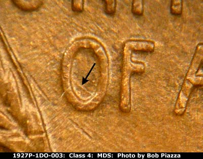 Die-stage B marker on 1927P•1DO•003 (1927 Doubled Die Obverse).
