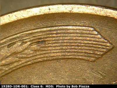 Die-stage B marker on 1928D•1DR•001 (1928 Doubled Die Reverse).