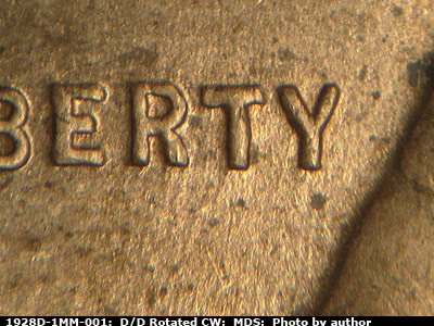 Die-stage B marker on 1928D•1MM•001 (1928 Repunched Mint Mark).