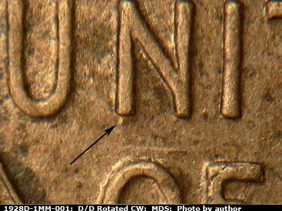 Die-stage B marker on 1928D•1MM•001 (1928 Repunched Mint Mark).