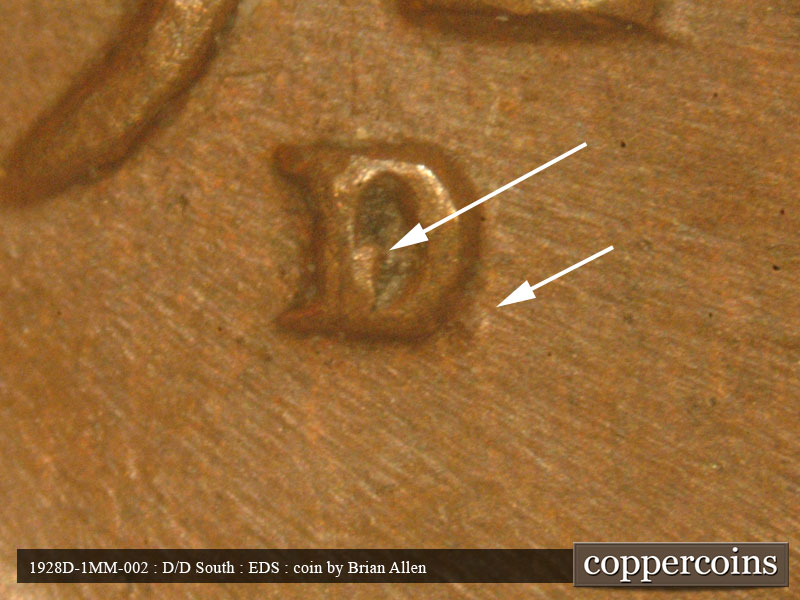 Die-stage A marker on 1928D•1MM•002 (1928 Repunched Mint Mark).