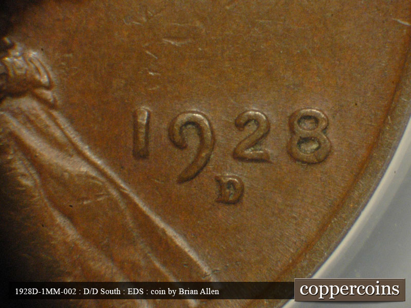 Die-stage A marker on 1928D•1MM•002 (1928 Repunched Mint Mark).