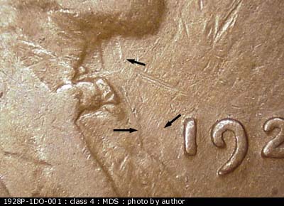 Die-stage B marker on 1928P•1DO•001 (1928 Doubled Die Obverse).