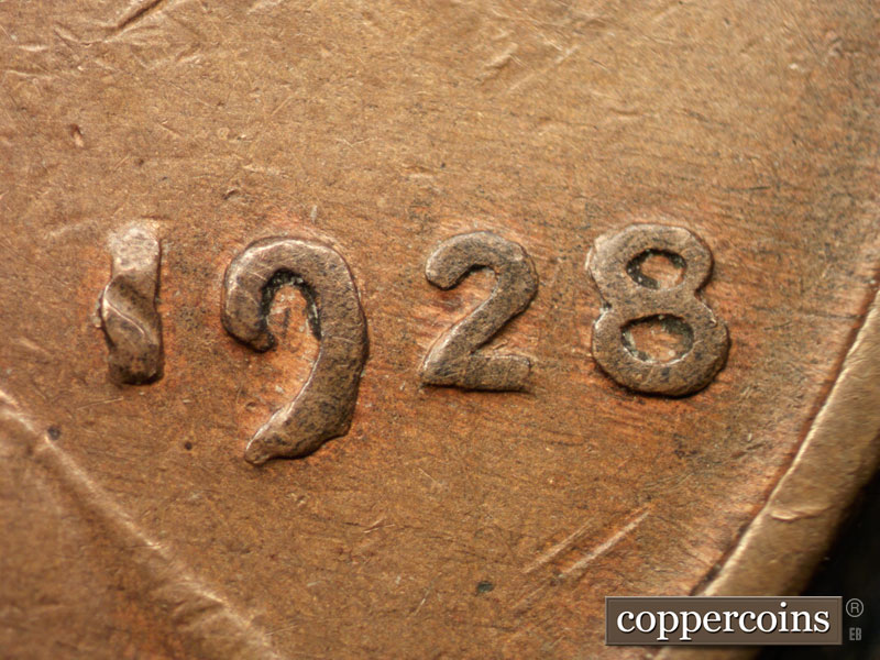 1928 Lincoln cent obverse, CopperCoins die 1928P•1DO•002.