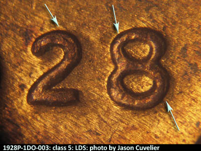 Die-stage C marker on 1928P•1DO•003 (1928 Doubled Die Obverse).