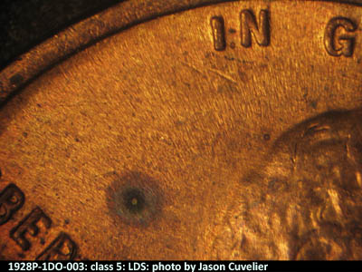Die-stage C marker on 1928P•1DO•003 (1928 Doubled Die Obverse).