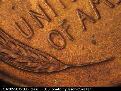 Die-stage C marker on 1928P•1DO•003 (1928 Doubled Die Obverse).