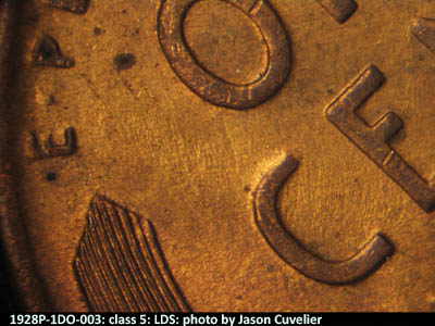 Die-stage C marker on 1928P•1DO•003 (1928 Doubled Die Obverse).
