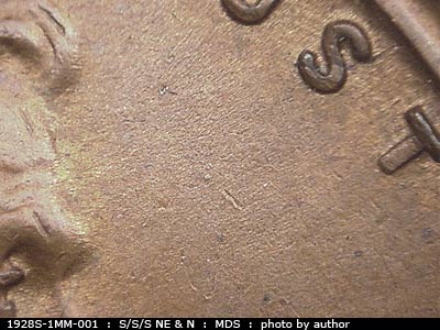 Die-stage B marker on 1928S•1MM•001 (1928 Repunched Mint Mark).